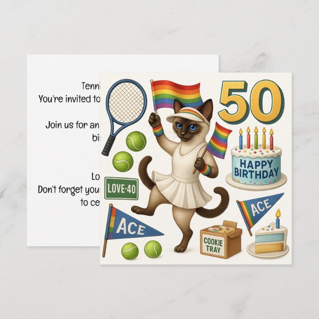 Tennis 50th Birthday for Cat Lovers Invitation (Front/Back)