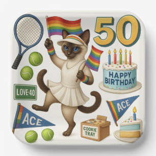 Tennis 50th Birthday for Cat Lovers Paper Plate