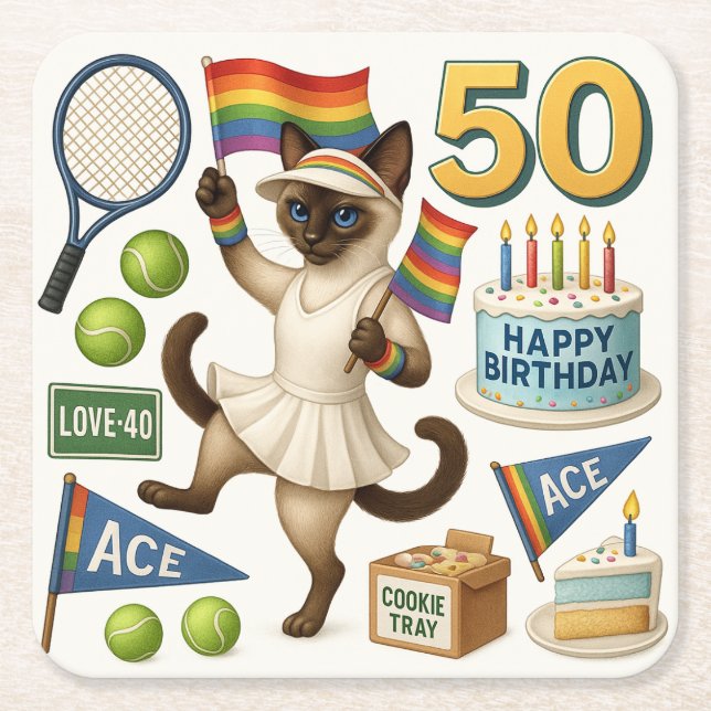 Tennis 50th Birthday for Cat Lovers Square Paper Coaster (Front)