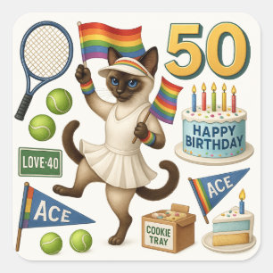 Tennis 50th Birthday for Cat Lovers Square Sticker