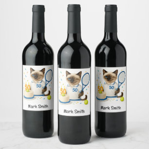 Tennis 50th Birthday for Cat Lovers Wine Label