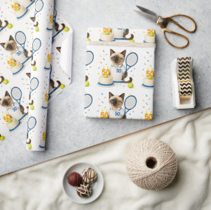Tennis 50th Birthday for Cat Lovers Wrapping Paper