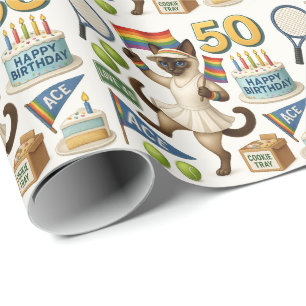 Tennis 50th Birthday for Cat Lovers Wrapping Paper
