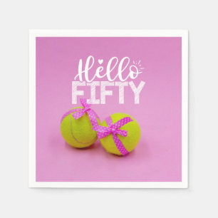 Tennis 50th Birthday  Hello fifty with pink ribbon Napkin