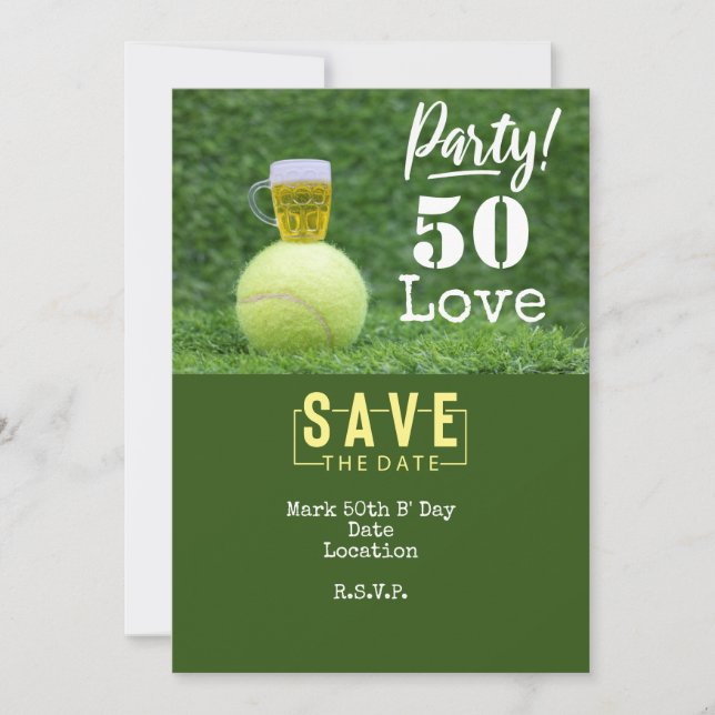 Tennis 50th Birthday  tennis ball and beer  party Invitation (Front)