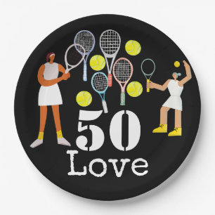 Tennis 50th Birthday  tennis ball and number Black Paper Plate