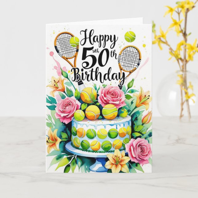 Tennis 50th Birthday  tennis ball and number  Card (Yellow Flower)
