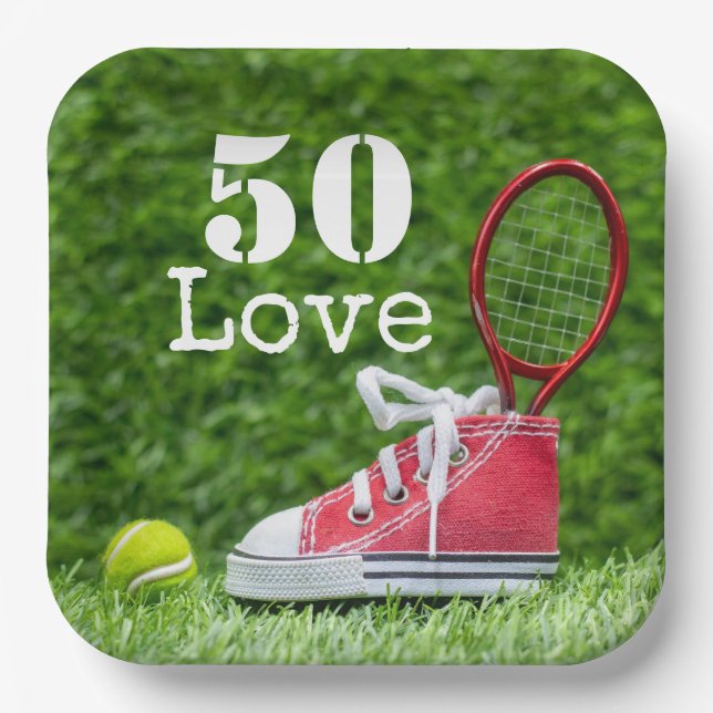Tennis 50th Birthday  tennis ball and number love Paper Plate (Front)