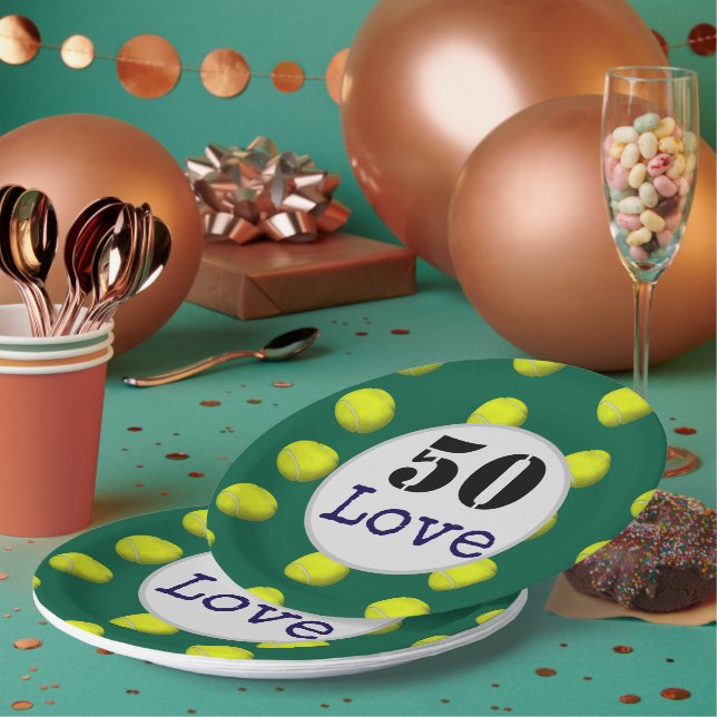 Tennis 50th  Birthday  tennis ball and number love Paper Plate (Multi)