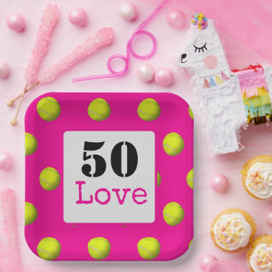 Tennis 50th Birthday tennis ball and number love Paper Plate