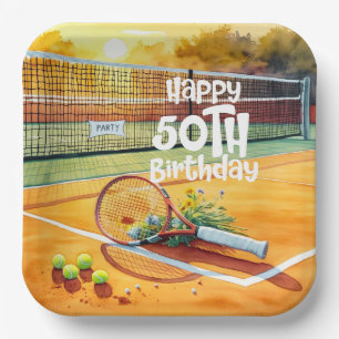 Tennis 50th Birthday tennis ball and number love Paper Plate