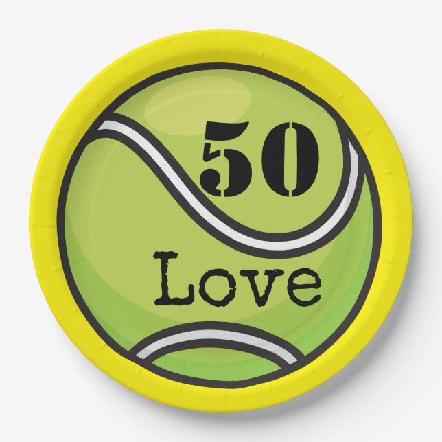 Tennis 50th Birthday  tennis ball and number love  Paper Plate (Front)