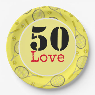 Tennis 50th Birthday  tennis ball and number love Paper Plate