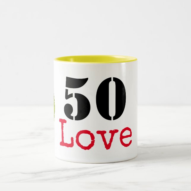 Tennis 50th Birthday  tennis ball and number love  Two-Tone Coffee Mug (Center)