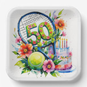 Tennis 50th Birthday tennis ball and number Paper Plate