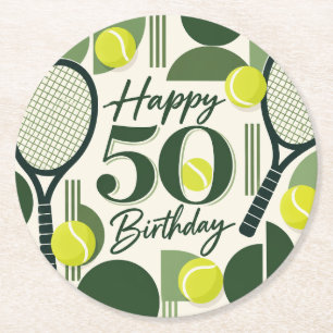 Tennis 50th Birthday tennis ball and number Round Paper Coaster