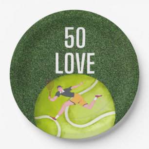 Tennis 50th Birthday  tennis ball and player green Paper Plate
