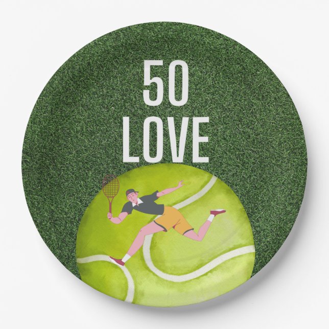 Tennis 50th Birthday  tennis ball and player green Paper Plate (Front)