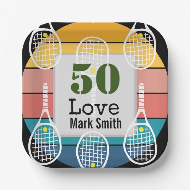 Tennis 50th Birthday  tennis ball number love   Paper Plate (Front)