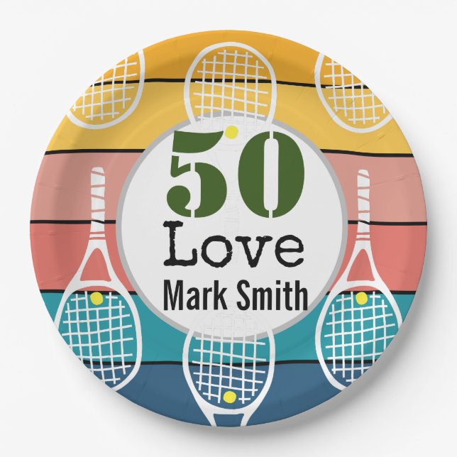 Tennis 50th Birthday  tennis ball number love   Paper Plate (Front)
