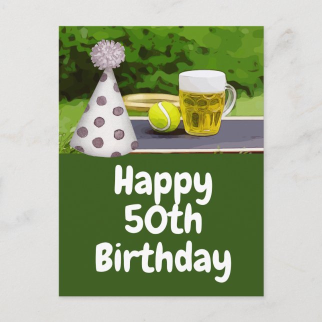 Tennis  50th Birthday with Ball and Beer Postcard (Front)