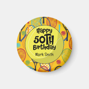 Tennis 50th Birthday with Name on Racket Themed Magnet