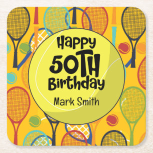 Tennis 50th Birthday with Name on Racket  Themed Square Paper Coaster