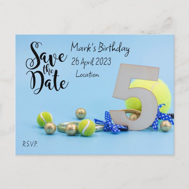 Tennis 5th Birthday Save the Date invitation Postcard (Front)