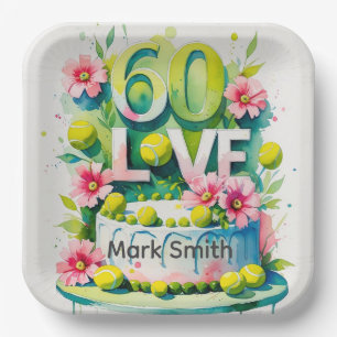 Tennis 60th Birthday  tennis ball number love  Pap Paper Plate