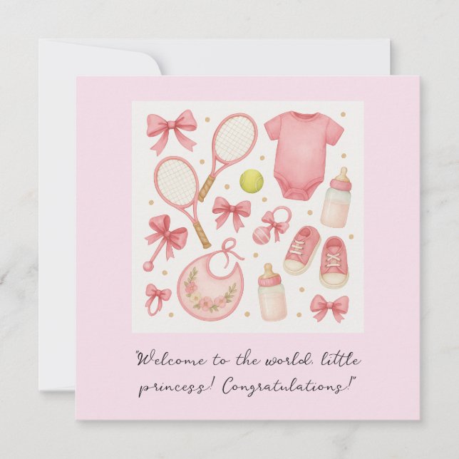Tennis Baby Girl in Pink theme CONGRATULATIONS Card (Front)