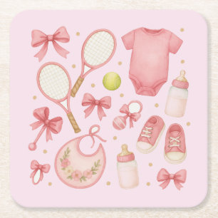 Tennis Baby Girl in Pink theme with racket Square Paper Coaster