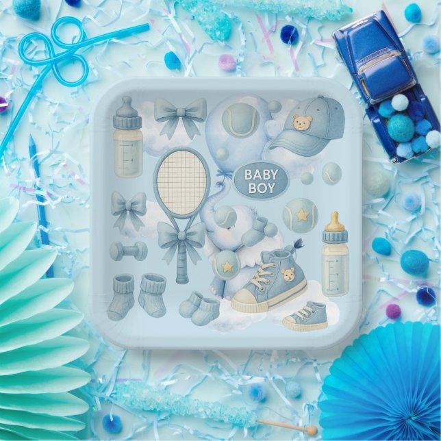 Tennis Baby Shower for Baby Boy Blue themed Paper Plate (Party)