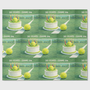 Tennis ball 30th birthday and cake on green wrapping paper