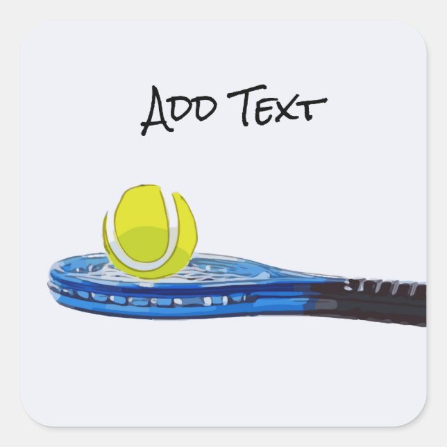 Tennis ball and blue racket on white background square sticker (Front)