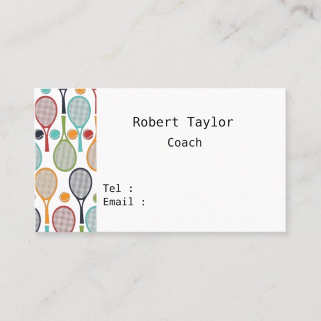 Tennis ball and colourful racket on white  business card (Front)