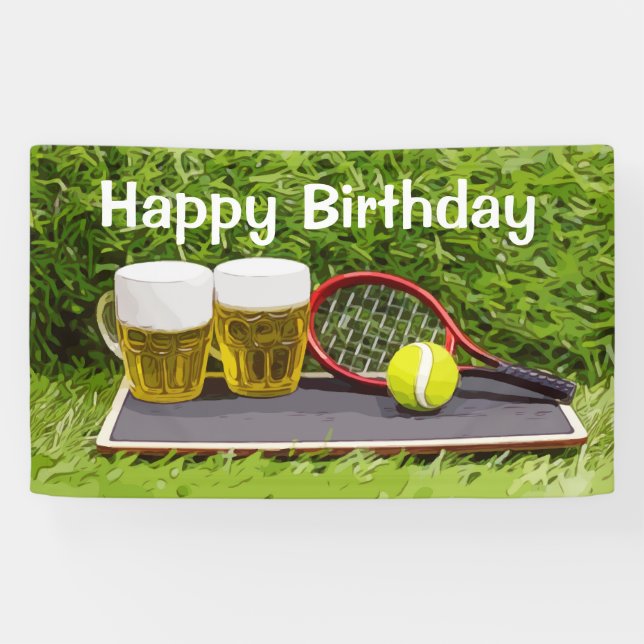 Tennis ball and glass of beer  birthday party banner (Horizontal)
