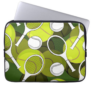 Tennis  ball and racket black & white ink on green laptop sleeve