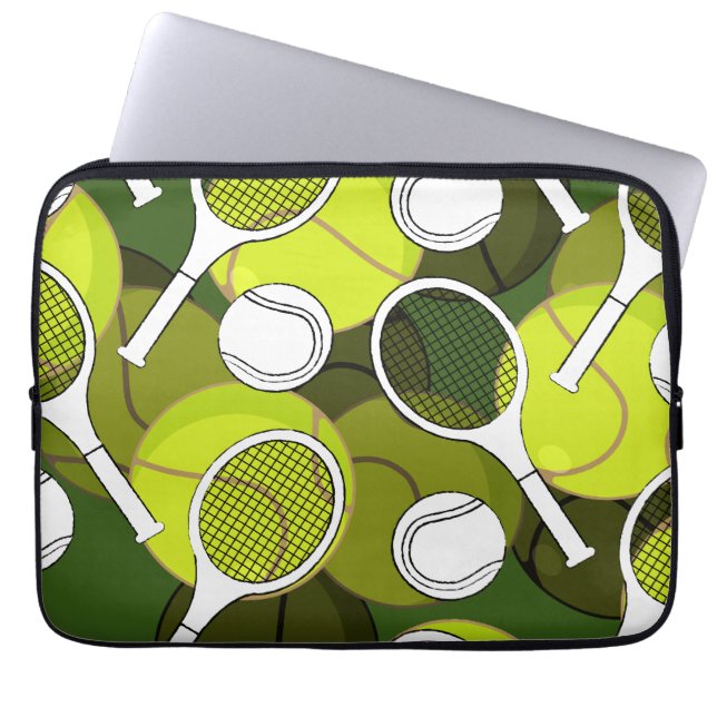 Tennis  ball and racket black & white ink on green laptop sleeve (Front)