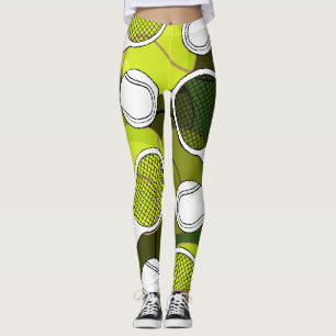 Tennis ball and racket black & white ink on green  leggings