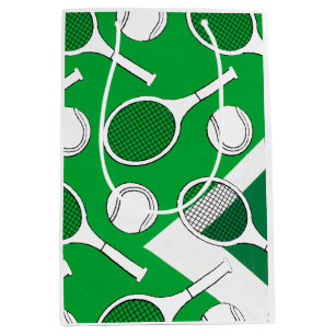 Tennis  ball and racket black white on green court medium gift bag