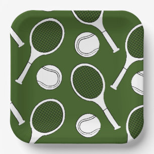 Tennis ball and racket black white on green paper plate