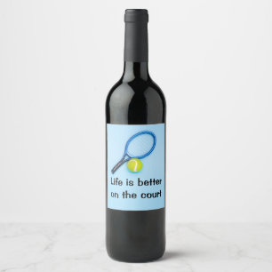 Tennis ball and racket blue background paper plate wine label