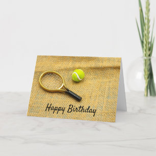 Tennis ball and racket happy birthday card