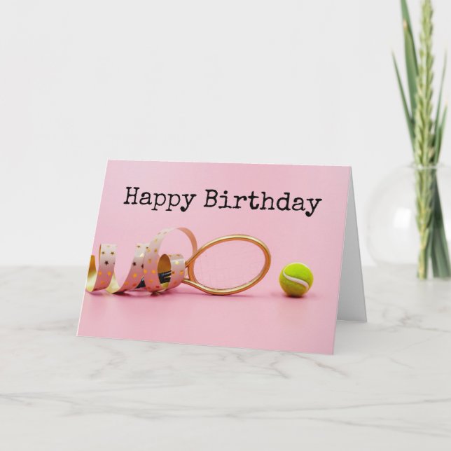 Tennis ball and racket happy birthday on pink card (Front)