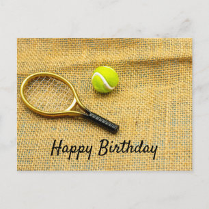 Tennis ball and racket happy birthday postcard