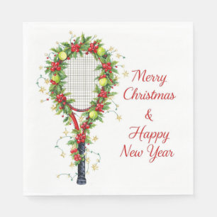 Tennis Ball  and Racket Merry Christmas Holiday Napkin
