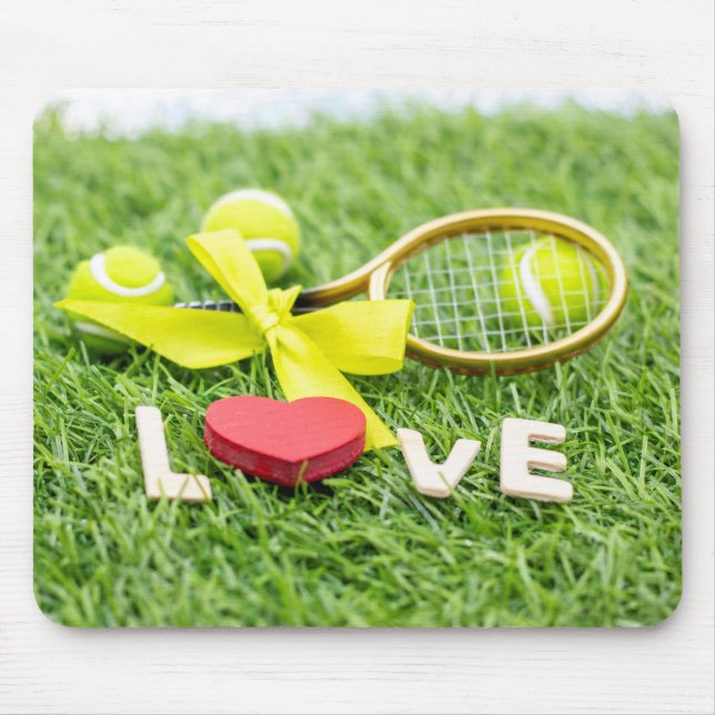 Tennis ball and racket on green grass with love   mouse mat (Front)