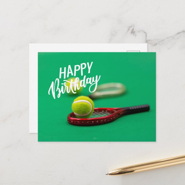Tennis ball and racket on green Happy Birthday Car Postcard (Front/Back In Situ)