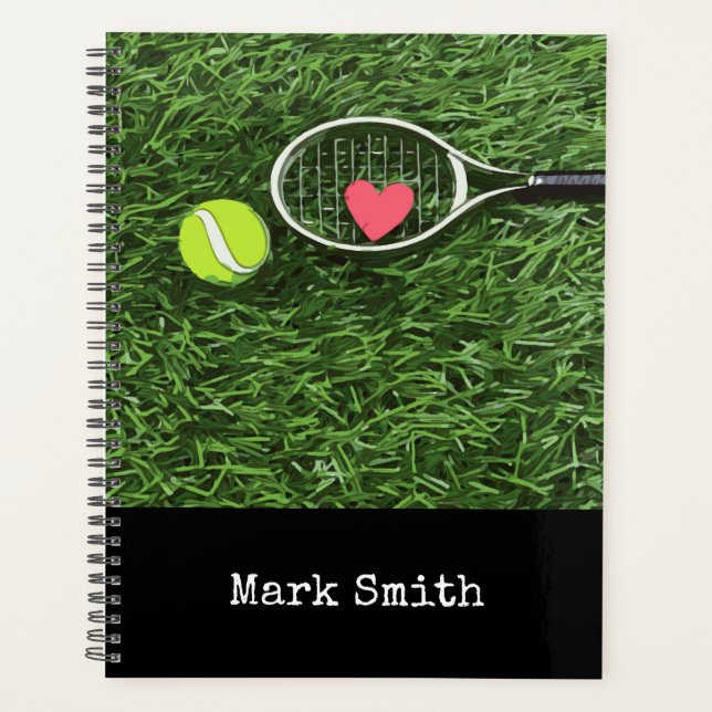 Tennis ball and racket on green with name planner (Front)