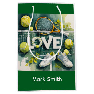 Tennis ball and racket on the court with name medium gift bag